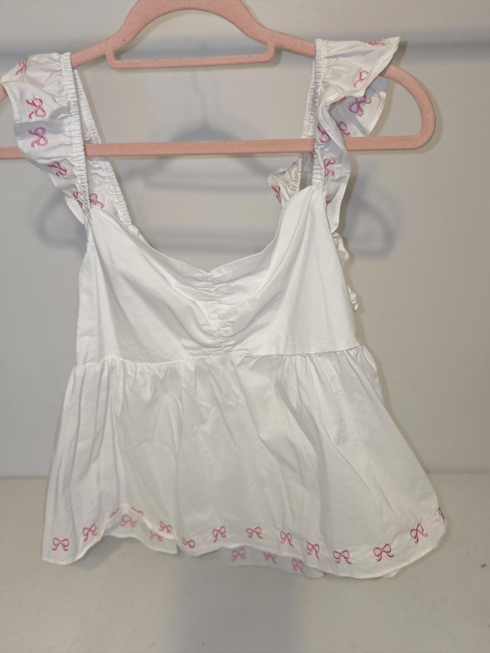 Altar'd State White Ruffle Strap Camisole with Pink Bow Trim